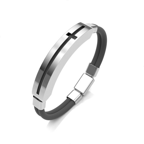 Imagen 2 de 9 de Pulsera De Caucho Y Plata .925 Hombre Cruz Calada Agálea