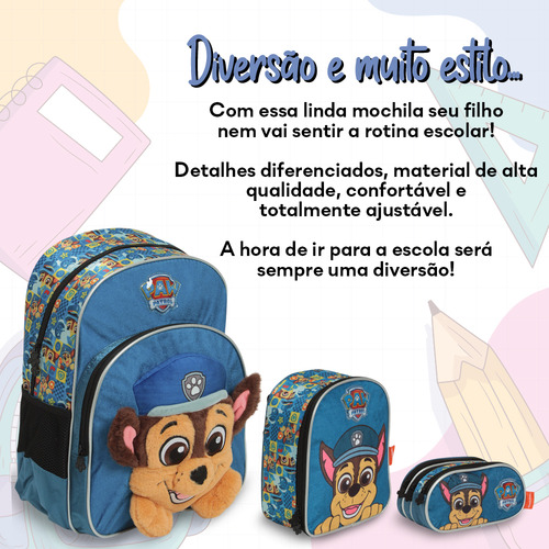 Kit Mochila Escolar Masculina Patrulha Canina Reforçada