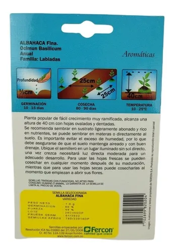 Semillas Aromáticas Albahaca Fina Pack X780