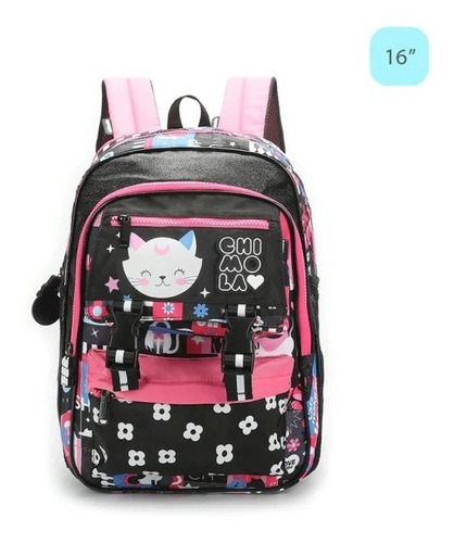 Mochila Gato Trama Espalda 16 Con Solapa Chimola Tr07 Color Negro