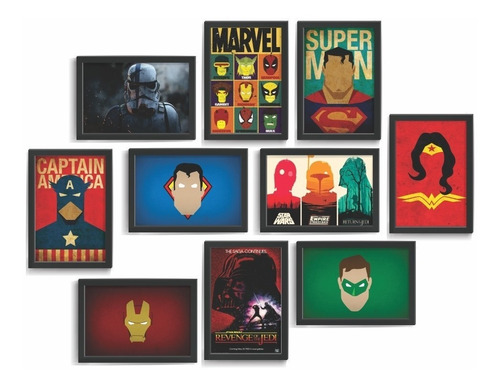 Kit 10 Quadro Decorativo Super Herois Nerd Series  34x49cm