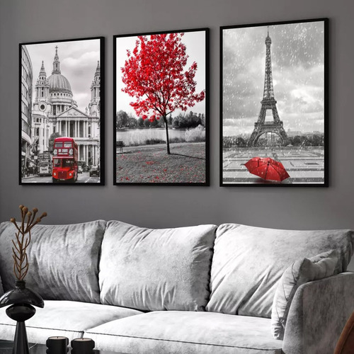 Quadro Londres Árvore Da Vida Vermelha Paris Torre Eiffel