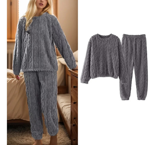 Conjunto Pijama Plush Lana Trenzado Invierno Mujer