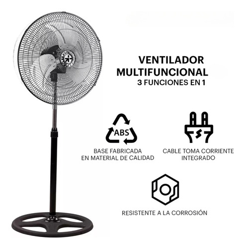 Ventilador 3 En 1 Pedestal Piso Pared 3 Velocidades 45 Cm 60 Hz Negro Plateado Metal 3