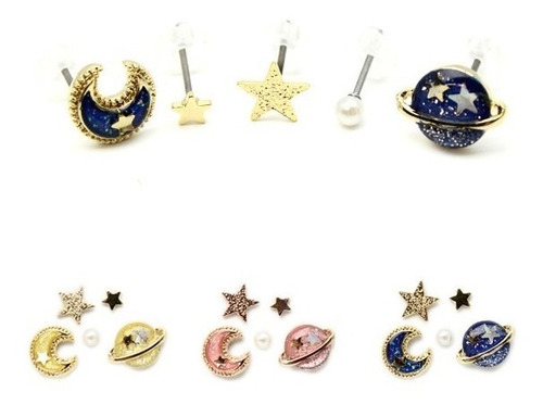 Aretes Planeta Luna Estrella Saturno Japones Cute Kawaii