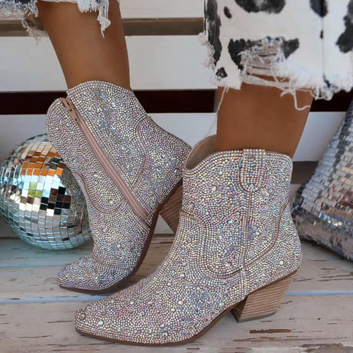 Botas De Tacón Grueso De Mujer Con Lentejuelas Y Diamantes