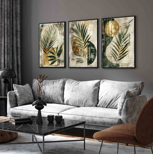 Kit 3 Quadros Decorativos Folhas Verde Geométrico Moldura