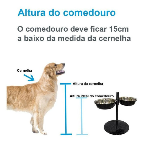 Imagem 3 de 3 de Comedouro Grande Duplo Inox Altura Regulável Preto + Brinde