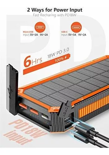  Cargador solar de 30000 mAh, PD 20 W cargador solar para  teléfono QC3.0 de carga rápida, carga inalámbrica de 10 W, linterna LED  impermeable, cargador portátil para iPhone y Android 