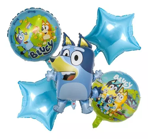 Set Globos Aluminio Bluey Y Bingo 5 Piezas Cumpleaños
