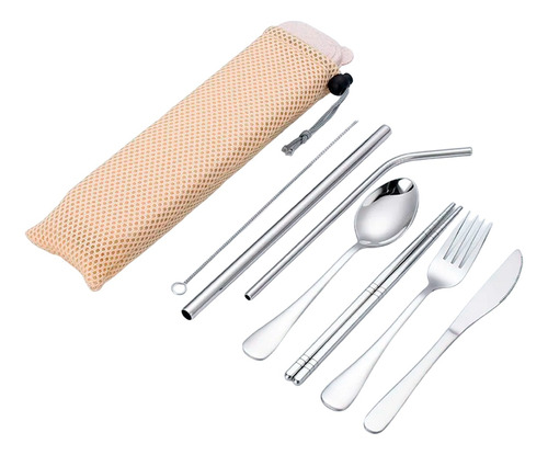 Kit Cubiertos Palillos Popotes Cepillo Acero Inox Portatil