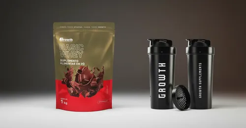 Kit Growth Whey Protein Basic Chocolate 1kg Coqueteleira Shaker Academia Preta 600ml