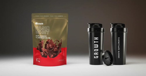 Kit Growth: Whey Protein Basic Chocolate 1kg + Coqueteleira Shaker Academia Preta 600ml