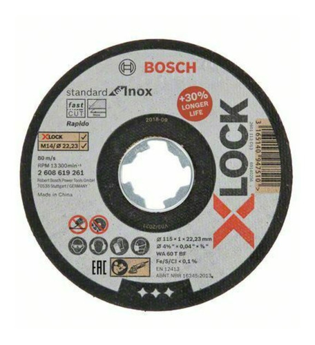 Imagen 1 de 1 de Disco De Corte Standard For Inox X-lock Bosch 2608619261 