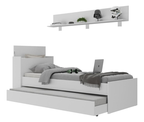 Conjunto Quarto Bicama com Colchão e Baú/Prateleira 175cm Multimóveis MP4220 Cor Branco