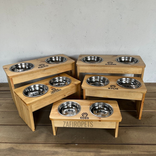 Comedor Comederos Perros Gatos Fijo Alto Elevado En Madera