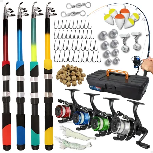 Pescamping Kit Pesca Completo 4 Varas Fibra De Vidro E 4 Molinetes Leve Com Linha - Maleta Com Acessórios Bóias Chumbadas Anzóis E Mais Tralha Quite De Pescaria