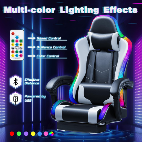 Shahoo Silla De Juegos Con Luces Led Rgb Reposapiés Y Blanco Material Del Tapizado