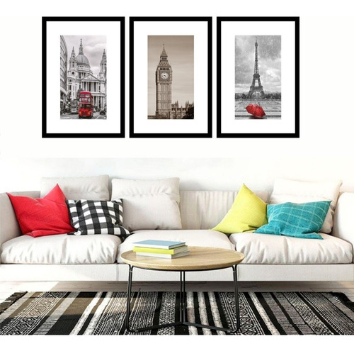Quadro Moldura Lisa New York, Paris E Londres 120x60