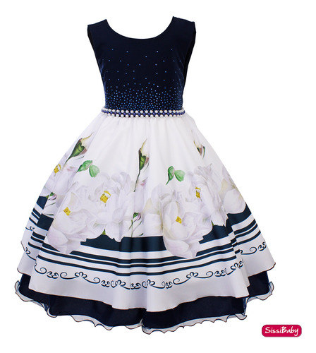 Vestido Infantil Azul Marinho Floral Formatura Casamento