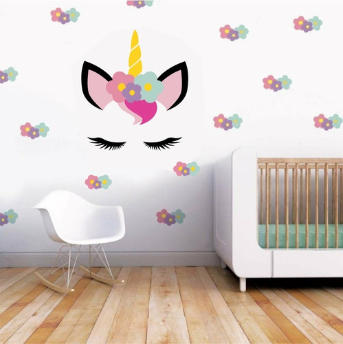 Imagem 2 de 3 de Adesivo De Parede Unicornio + 20 Florais