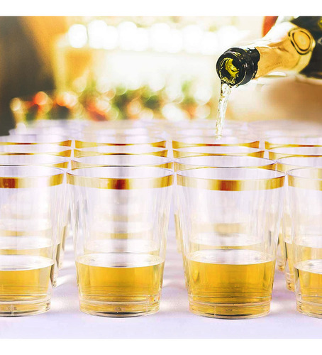 100 Vasos De Plástico Reutilizables Con Borde Dorado