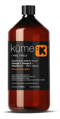 Suplemento en líquido Küme Omegas Omega 3 y 6 con ácidos grasos esenciales para perro/gato todas las edades todos los tamaños en frasco de 250mL