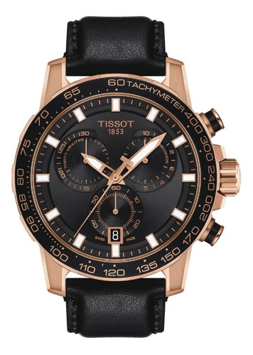 Relógio de pulso Tissot T-Sport Supersport Chrono Supersport Chrono com corpo ouro rosa,  analógico, para masculino, fundo  preto, com correia de couro cor preto, agulhas cor ouro rosa e branco, subdials de cor branco e ouro rosa, subesferas cor preto, ponteiro de minutos/segundos ouro rosa, bisel cor preto e fivela simples