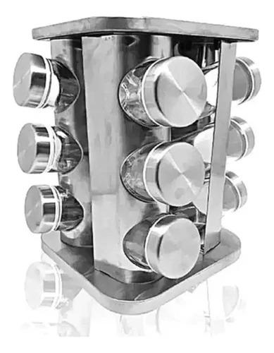 Kit 12pcs Porta Temperos Rotatório Quadrado 110ml Aço Inox Cinza
