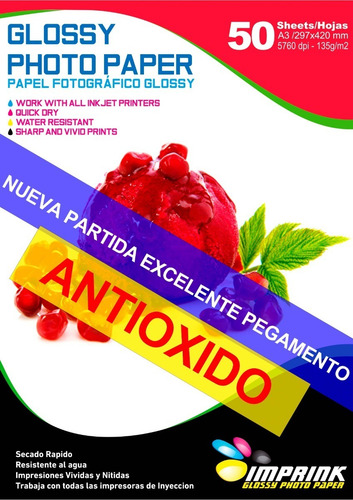 Imagen 1 de 1 de Papel Adhesivo Glossy Brillante Antioxido A3/135g/50 Hojas