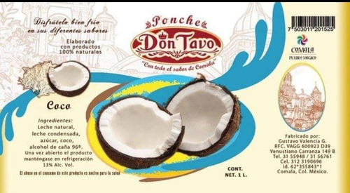 Ponche De Comala Don Tavo Sabor Coco 1 Lt