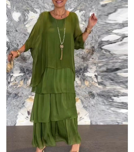 Vestido Holgado De Mujer De Moda Con Cuello Redondo Y Manga