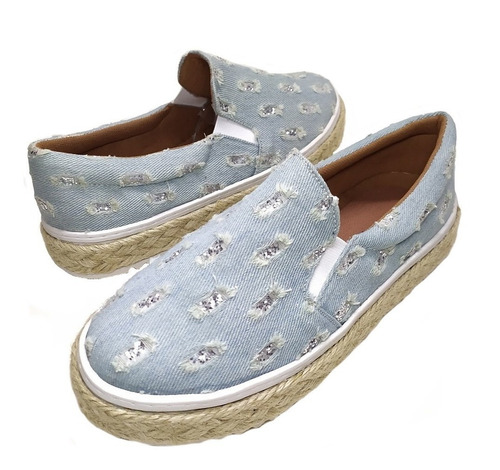 Imagem 6 de 6 de Slip On Tenis Feminino Sola Corda Jeans Azul Rasgado Glitter