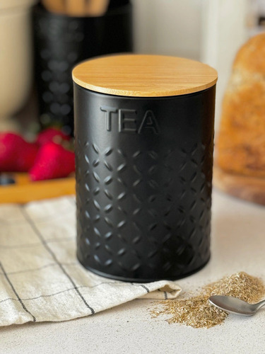 Lata Te Tea Deco Y Guardado Diseño Negro Y Tapa Bambu Carol
