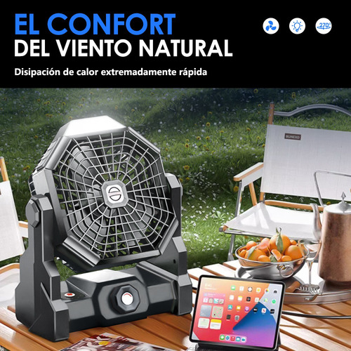 Ventilador De Camping Recargable Portátil Con Luz Led