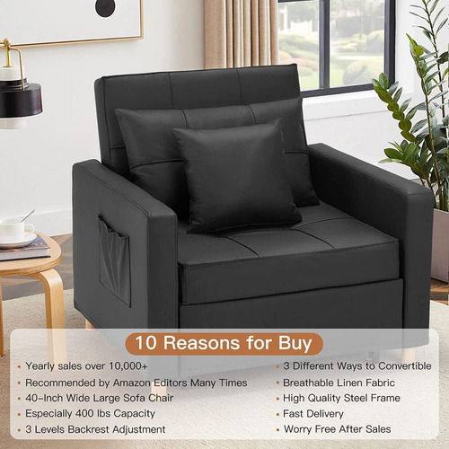Sillón Cama 3 En 1; Ajustable Tamaño Individual, Negro