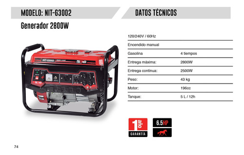 Generador Eléctrico A Gasolina 2800 W Nit-g3002 Nitro