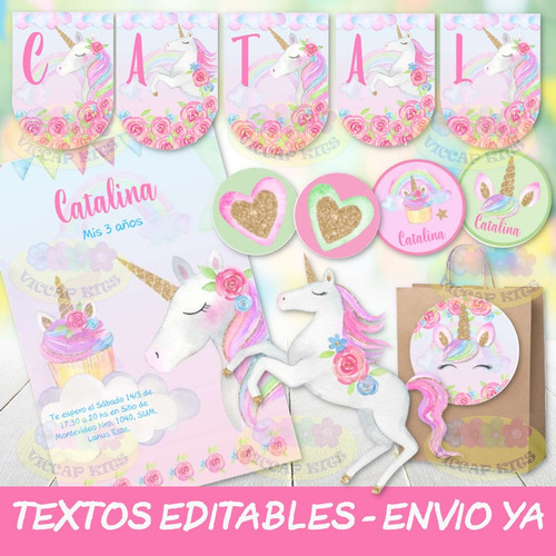 Pack Imprimible Unicornio Glitter Cupcake Textos Editables