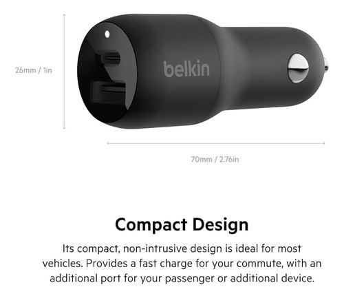 Carregador Veicular Duplo Belkin 37w Usb-c + Cabo iPhone 1m Cor Preto