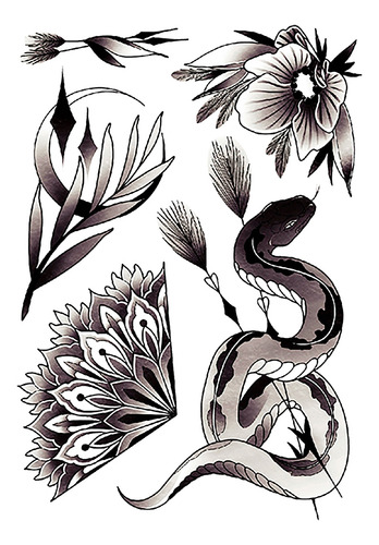 Kit 2 Tatuagem Temporária Feminina Cobra Rosa Flor 21x15cm