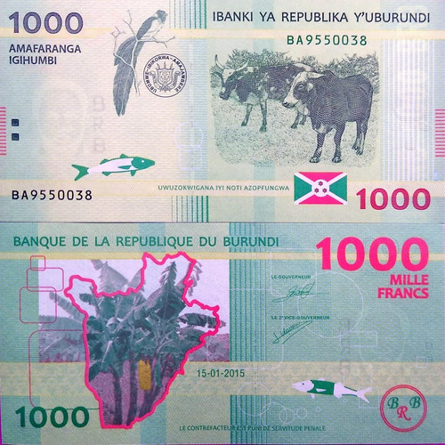 Billete De Burundi 1.000 Francos 2015 Papel Moneda Unc