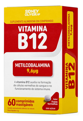 B12 Metilcoba. 9,6ug Sidney Oliveira 60 Compr. Mastigáveis Sabor Frutas Vermelhas