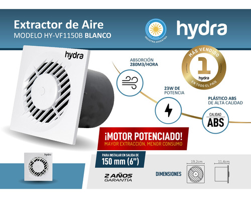 Imagen 7 de 10 de Extractor Aire Baño Hydra 4 PuLG 100mm Potenciado R