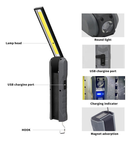 Luz De Trabajo Usb Portátil Plegable 4 Modos Cob Linterna