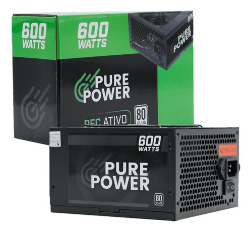 Fonte Pure Power, 600w, 80 Plus White, Pfc Ativo, Black