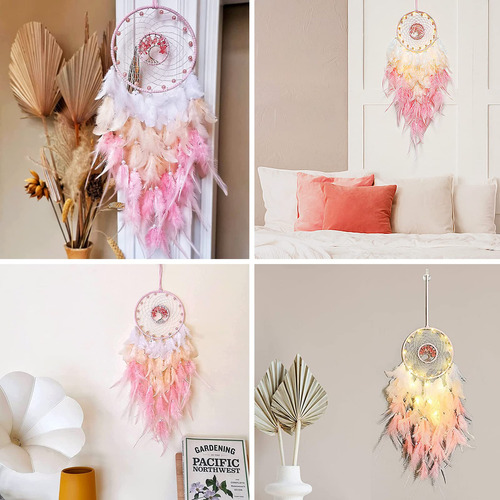 Atrapasueños De Cristal Con Luces Led Y Plumas Rosa