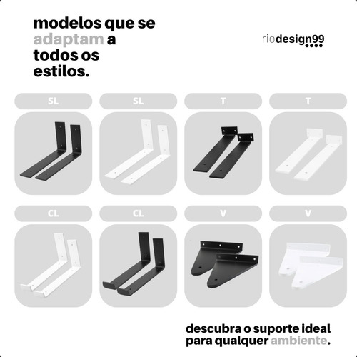 10cm - Mão Francesa Cantoneira Preta Invertida - Rio Design99 - Ferro Aço Suporte Para Prateleira Reforçada Resistente Industrial Madeira Bancada Estante - S65