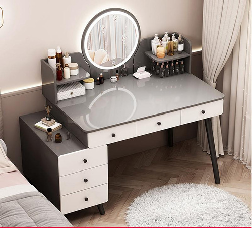 Tocador Moderno Gris Y Blanco Con Luces Led Y Móvil Ajustabl