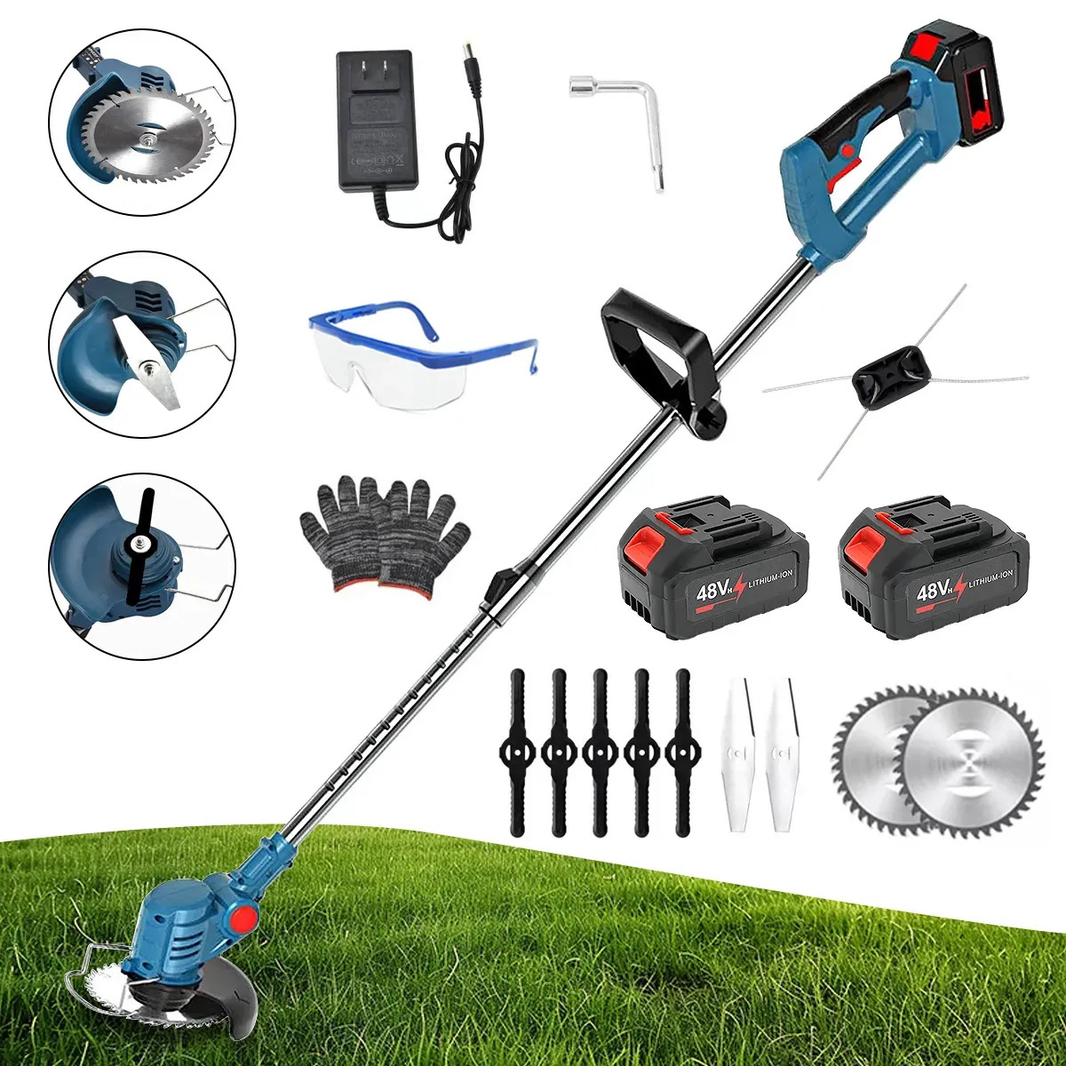 Cortacésped Eléctrico, Motor Sin Escobillas De Cobre Puro De 2500 Vatios, 28 000 Rpm. Desbrozadora Inalámbrica Y Portátil Para Todo Tipo De Césped. Fácil Manejoincluye Todos Los Accesorios. Azul