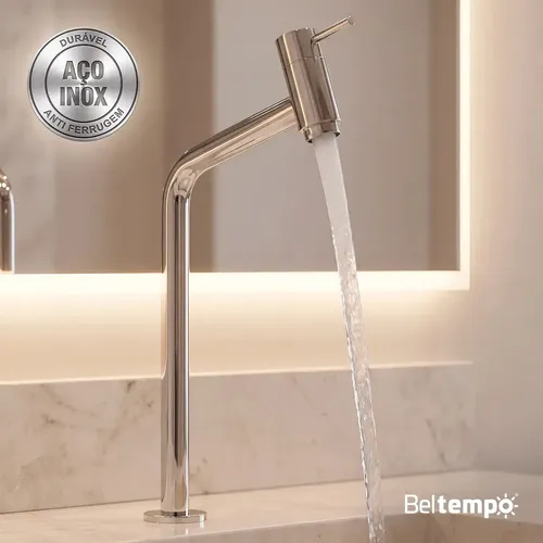 Torneira Banheiro Lavabo Bica  Alta Bancada Inox Cromada Link 45° Beltempo Prateado Cromado
